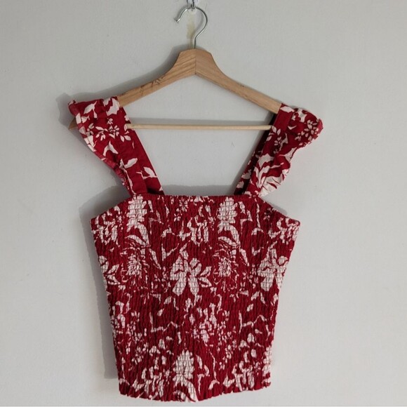Old Navy Red Floral Ruffle Trim Smocked Square Neck Blouse Top - Picture 2 of 7
